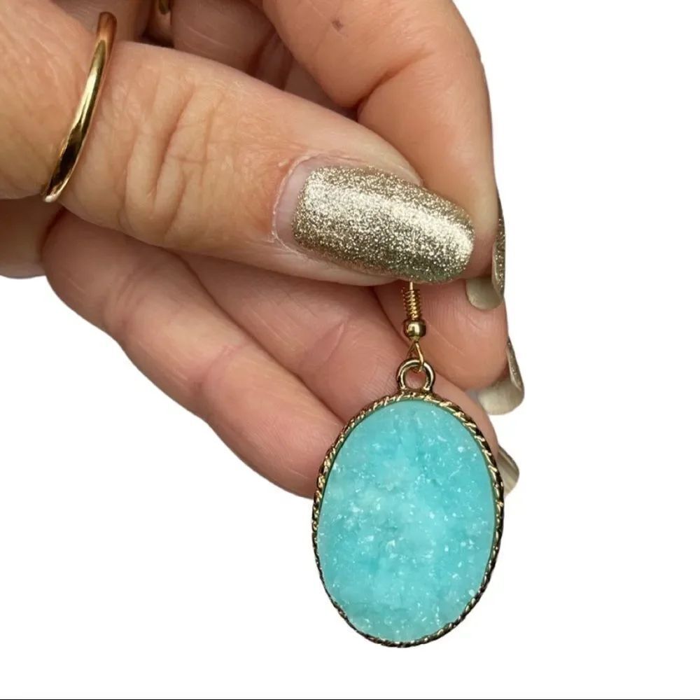 Robins Egg Blue Druzy Stone Fishhook Earrings • NWT - Picture 4 of 7